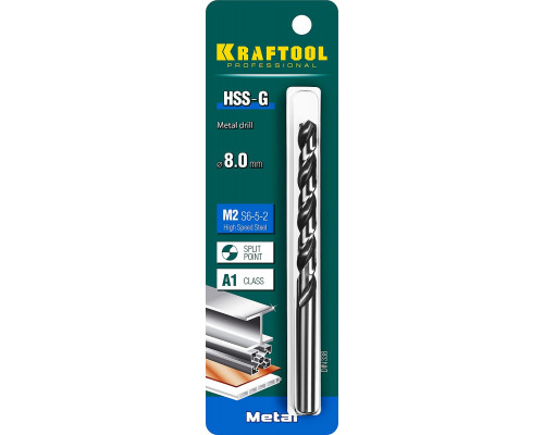 KRAFTOOL Ø 8 мм, HSS-G, сталь М2 (S6-5-2), класс A, DIN 338, сверло по металлу 29651-8