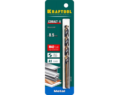 KRAFTOOL Ø 8.5 мм, HSS-Co (8%), класс A, DIN 338, сверло по металлу 29656-8.5