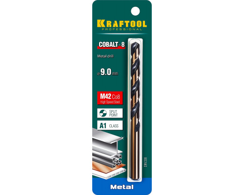 KRAFTOOL Ø 9 мм, HSS-Co (8%), класс A, DIN 338, сверло по металлу 29656-9