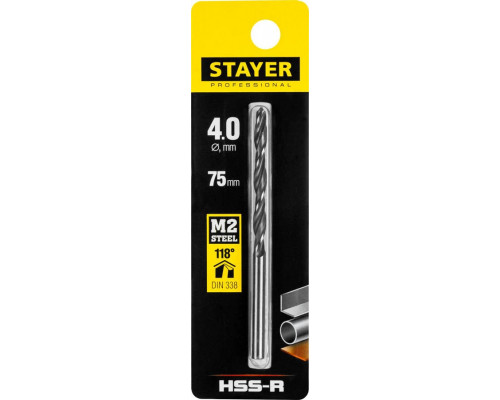 STAYER Ø 4 х 75 мм, HSS-R, сверло спиральное по металлу 29602-4