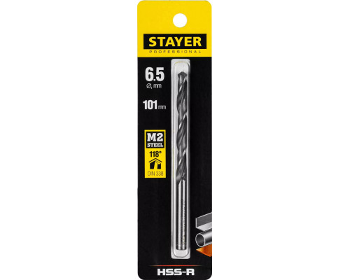 STAYER Ø 6.5 х 101 мм, HSS-R, сверло спиральное по металлу 29602-6.5