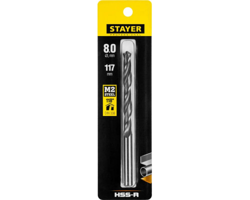STAYER Ø 8 х 117 мм, HSS-R, сверло спиральное по металлу 29602-8
