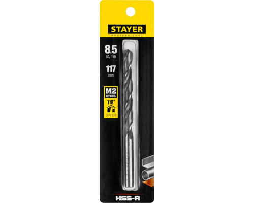 STAYER Ø 8.5 х 117 мм, HSS-R, сверло спиральное по металлу 29602-8.5