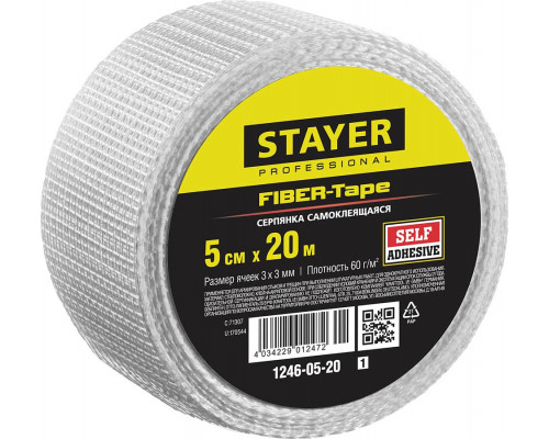 STAYER 5 см х 20 м, 3х3 мм, cетка стеклотканевая самоклеящаяся FIBER-Tape 1246-05-20_z01