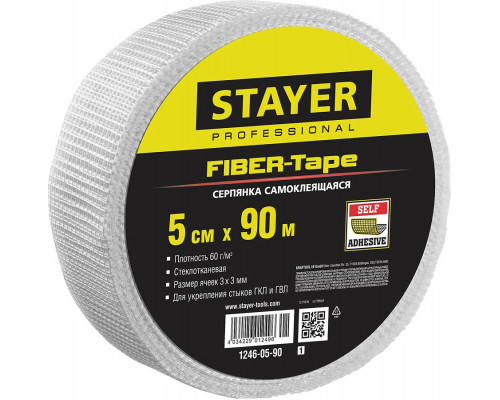 STAYER 5 см х 90 м, 3х3 мм, cетка стеклотканевая самоклеящаяся FIBER-Tape 1246-05-90_z01