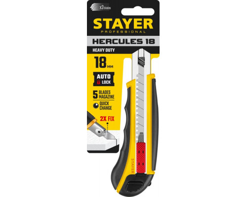 STAYER 18 мм, сегментированное лезвие, автостоп, автозамена, дополнительный фиксатор, нож HERCULES-18 09165_z01