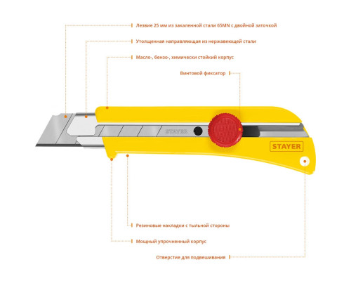 STAYER 25 мм, сегментированное лезвие, винтовой фиксатор, нож SK-25 09173_z01