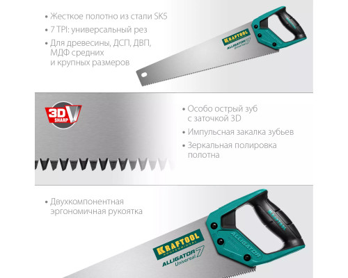 KRAFTOOL 7 TPI, 450 мм, ножовка универсальная Alligator Universal 7 15004-45_z01