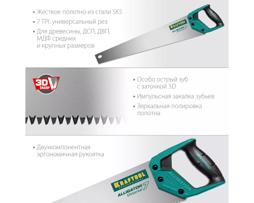 KRAFTOOL 7 TPI, 550 мм, ножовка универсальная Alligator Universal 7 15004-55