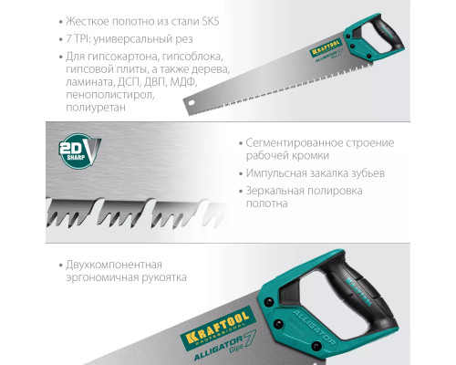 KRAFTOOL 7 TPI, 550 мм, ножовка для гипса Alligator GIPS 15210