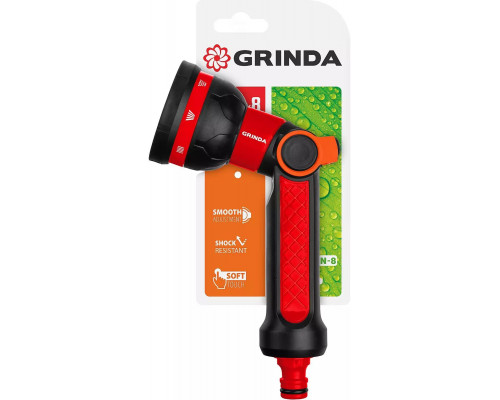 GRINDA 8 режимов, пистолет поливочный двухкомпонентный с регулятором напора N-8 8-427188